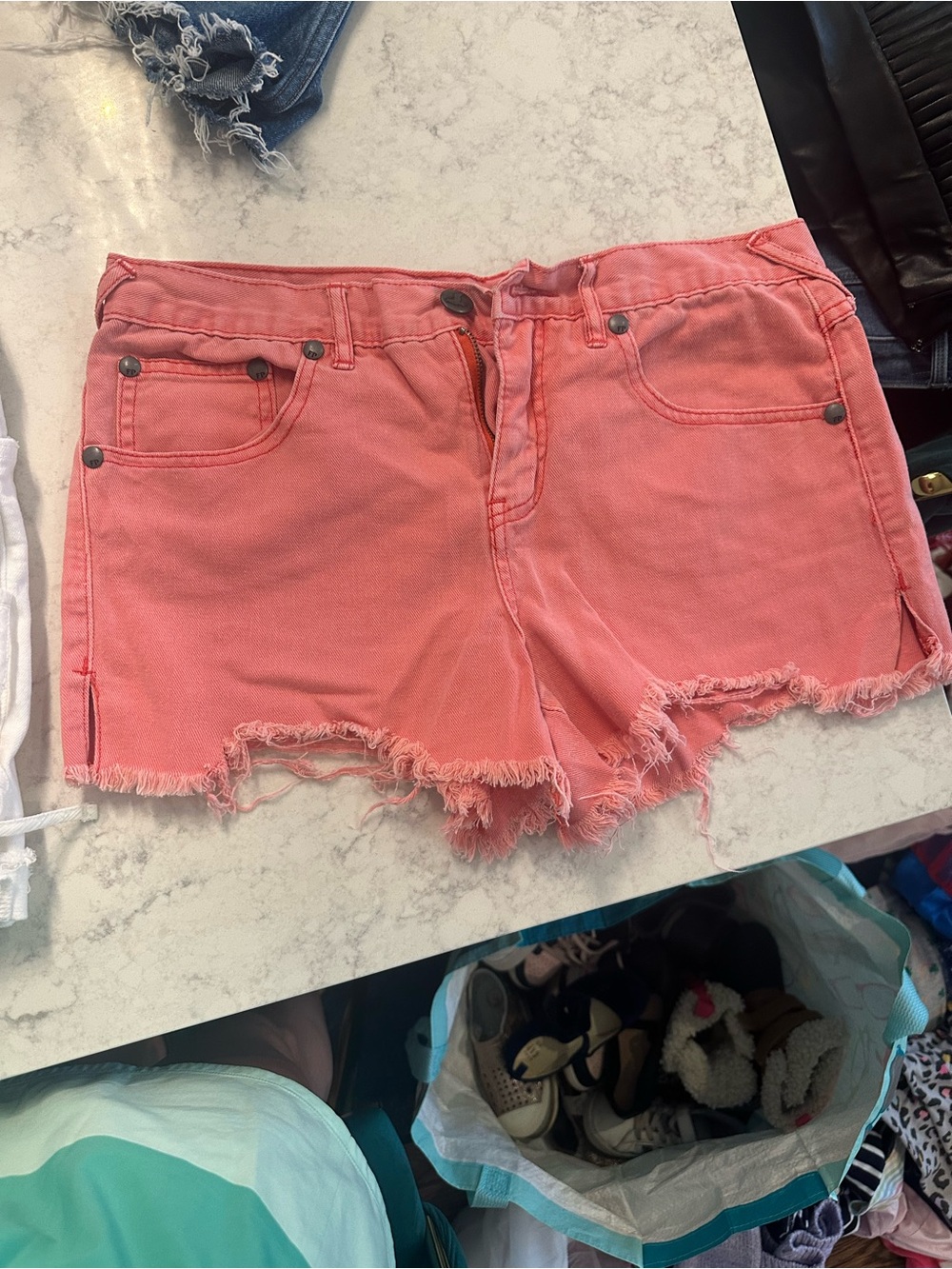 Free People Coral Pink Frayed Hem Denim Shorts